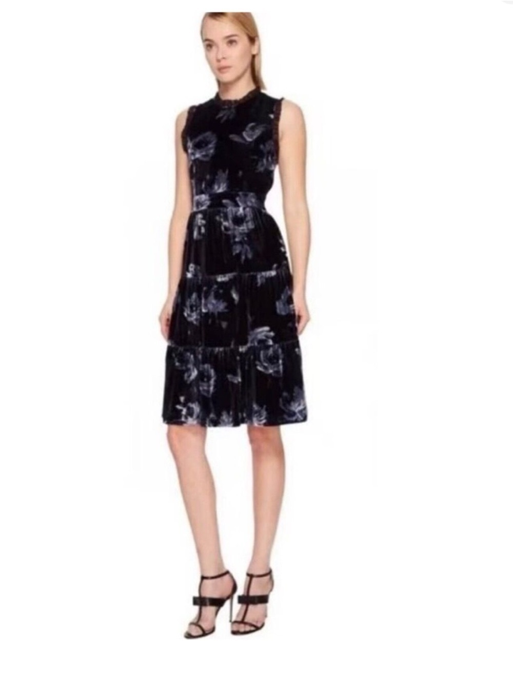 kate spade Navy Ruffle Trimmed Floral Velvet Tiered Dress